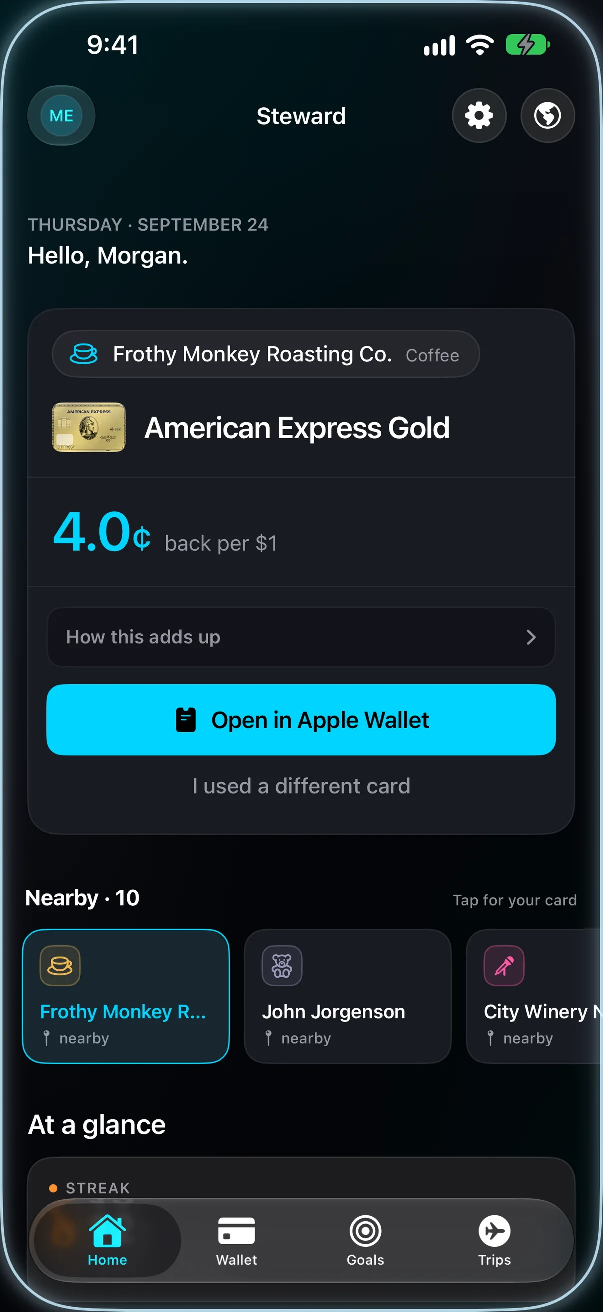 Steward's Home screen recommending the American Express Gold card at Frothy Monkey Roasting Co., 4.0 cents back per dollar
